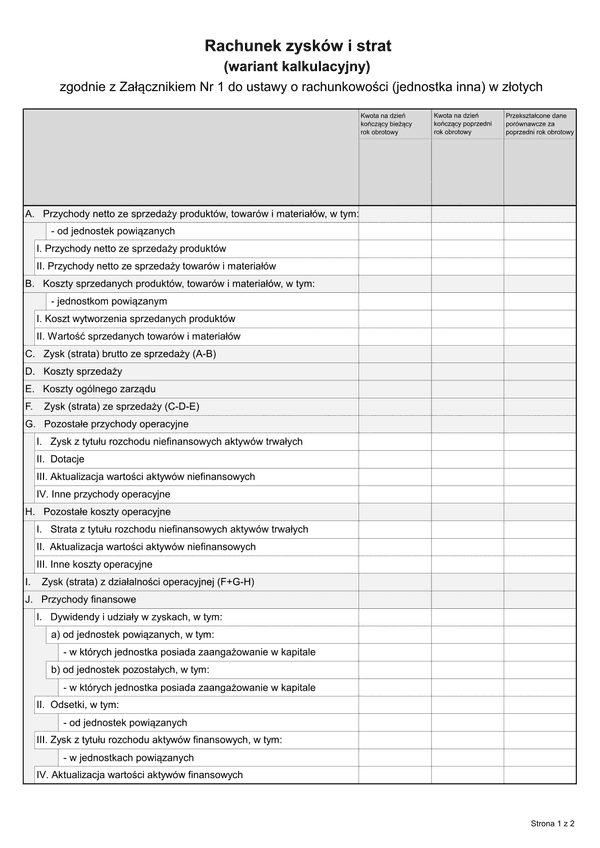 SFJINZ RZiS-WK (archiwalny) Rachunek zysków i strat (wariant kalkulacyjny) - zgodnie z Załącznikiem Nr 1 do ustawy o rachunkowości (jednostka inna) w złotych - z wysyłką JPK_SF (1)