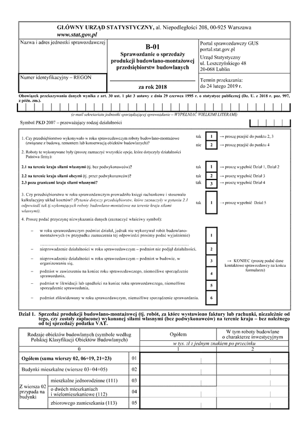 GUS B-01 (2018) (archiwalny) Sprawozdanie o sprzedaży produkcji budowlano-montażowej przedsiębiorstw budowlanych za rok 2018