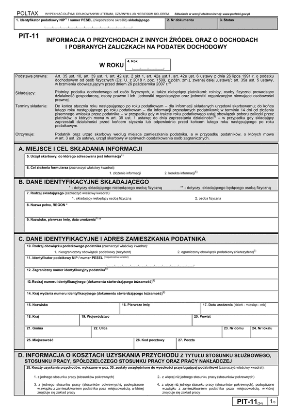 PIT-11 (24) (archiwalny) (2019) Informacja o dochodach, pobranych zaliczkach na podatek dochodowy, wypłaconym stypendium oraz przychodach z innych źródeł  (PIT-11 / PIT-11Z)