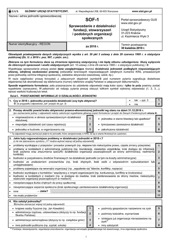 GUS SOF-1 (archiwalny) (2018) Sprawozdanie z działalności fundacji, stowarzyszeń i podobnych organizacji społecznych za rok 2018