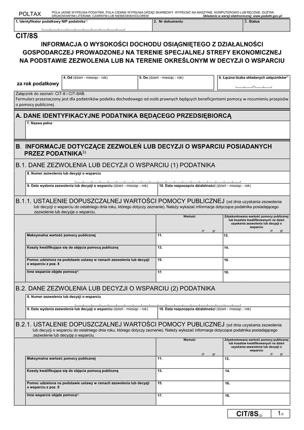 CIT/8S (2) (archiwalny) Informacja o wysokości dochodu osiągniętego z działalności gospodarczej prowadzonej na terenie specjalnej strefy ekonomicznej na podstawie zezwolenia
