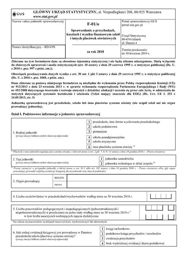 GUS F-01/o (archiwalny) (2018) Sprawozdanie o przychodach, kosztach i wyniku finansowym szkół i innych placówek oświatowych za rok 2018