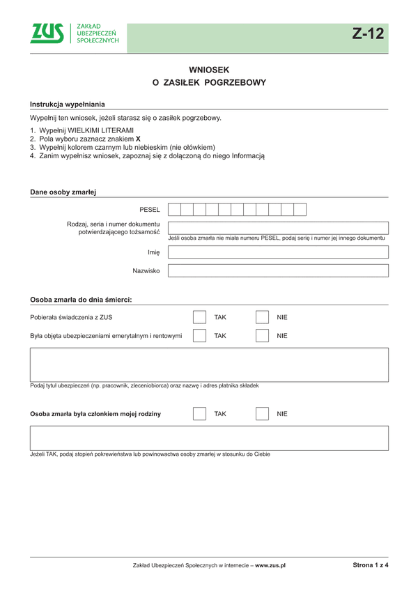 ZUS Z-12 (archiwalny) Wniosek o wypłatę zasiłku pogrzebowego