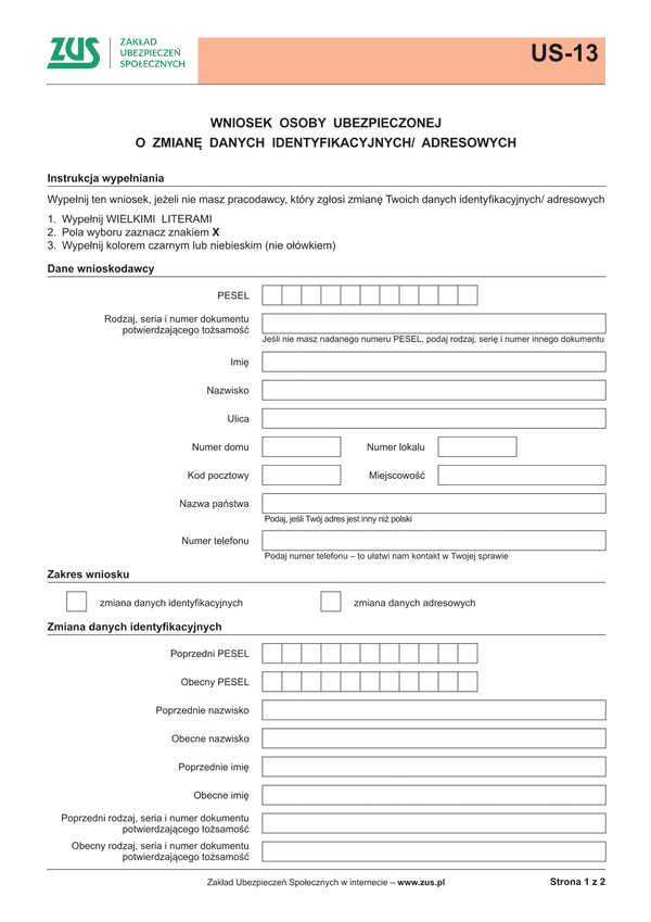 ZUS US-13 Wniosek ubezpieczonego o zmianę danych identyfikacyjnych/adresowych - wersja papierowa