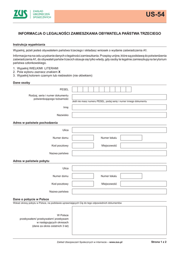 ZUS US-54 (archiwalny) Informacja o legalności zamieszkania obywatela państwa trzeciego