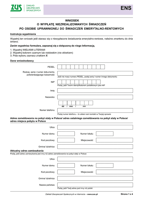 ZUS ENS (archiwalny) Wniosek o wypłatę niezrealizowanych świadczeń po osobie uprawnionej do świadczeń emerytalno-rentowych