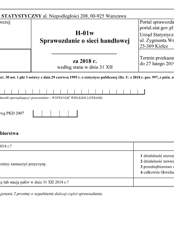 GUS H-01w (2018) (archiwalny) Sprawozdanie o sieci handlowej według stanu w dniu 31 XII 2018 r.