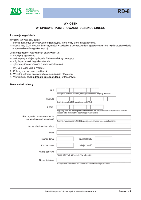 ZUS RD-8 (archiwalny) Wniosek w sprawie postępowania egzekucyjnego - wersja papierowa