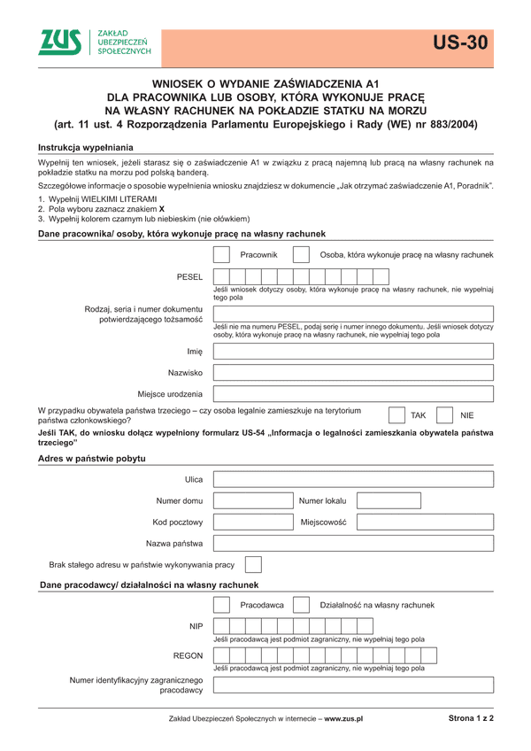 ZUS US-30 (archiwalny) Wniosek o zaświadczenie A1 - osoba zatrudniona na pokładzie statku