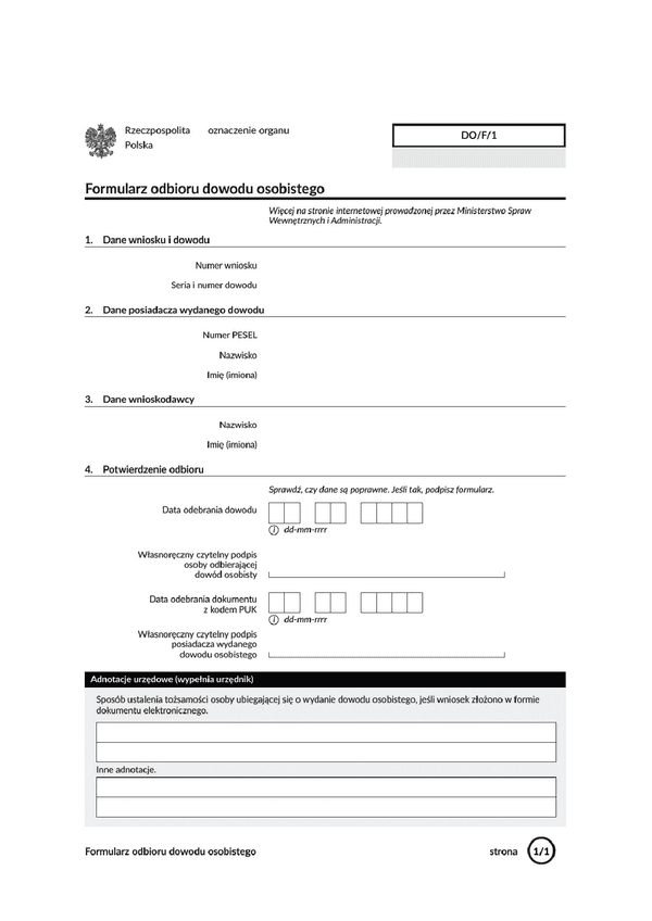 FoDO (archiwalny) Formularz odbioru dowodu osobistego