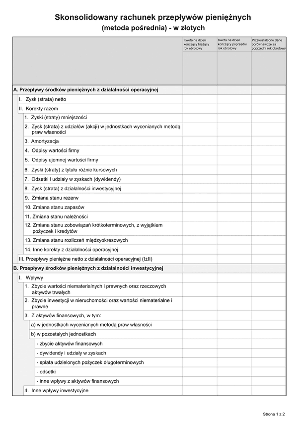 SFJGKZ Rach-Pp (archiwalny) Skonsolidowany rachunek przepływów pieniężnych (metoda pośrednia) do sprawozdania finansowego grup kapitałowych w złotych - z wysyłką JPK_SF (1)