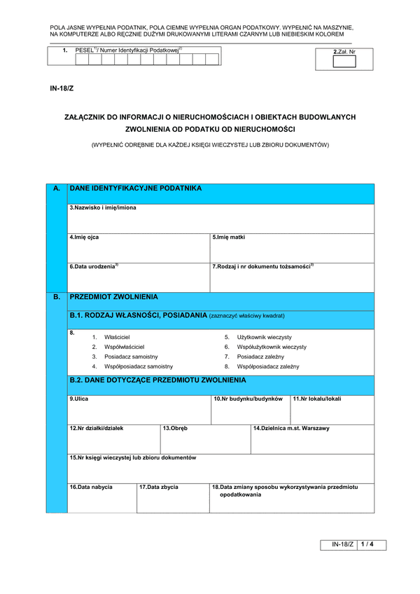 IN-18/Z (archiwalny) Załącznik do informacji o nieruchomościach i obiektach budowlanych Zwolnienia od podatku od nieruchmości