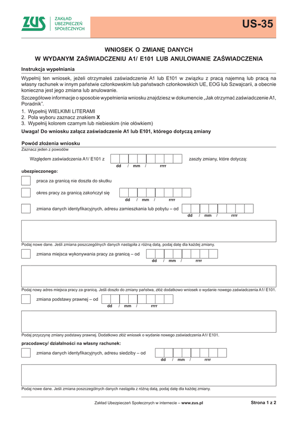 ZUS US-35 (archiwalny) Wniosek o zmianę danych zawartych w wydanym formularzu A1/E101 lub anulowanie zaświadczenia - wersja papierowa