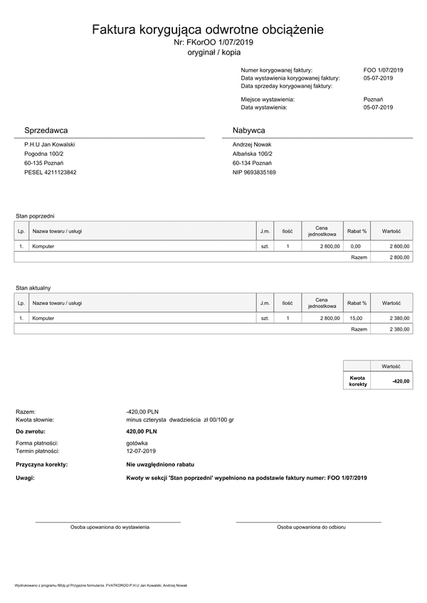 FKorOO (archiwalny) Faktura korygująca odwrotne obciążenie