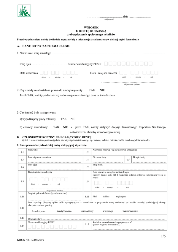 KRUS SR-12 Wniosek o rentę rodzinną z ubezpieczenia społecznego rolników 