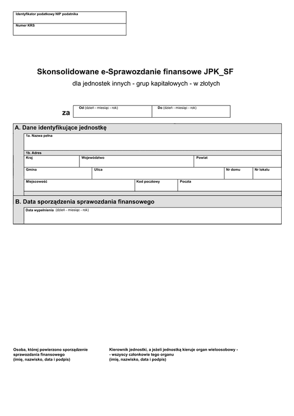 Skonsolidowane e-Sprawozdanie finansowe JPK_SF dla jednostek innych - grup kapitałowych w złotych - z wysyłką pliku xml JPK_SF (v.1-2) (v.1-3)