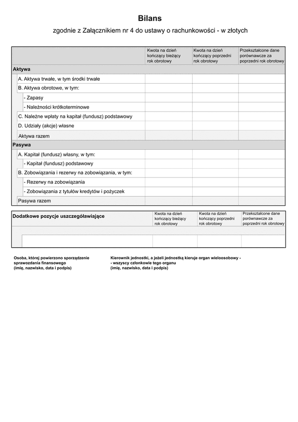 SFJMIZ BIL (v.1-2) (v.1-3) Bilans - zgodnie z Załącznikiem Nr 4 do ustawy o rachunkowości (jednostka mikro) w złotych - z wysyłką pliku xml JPK_SF 