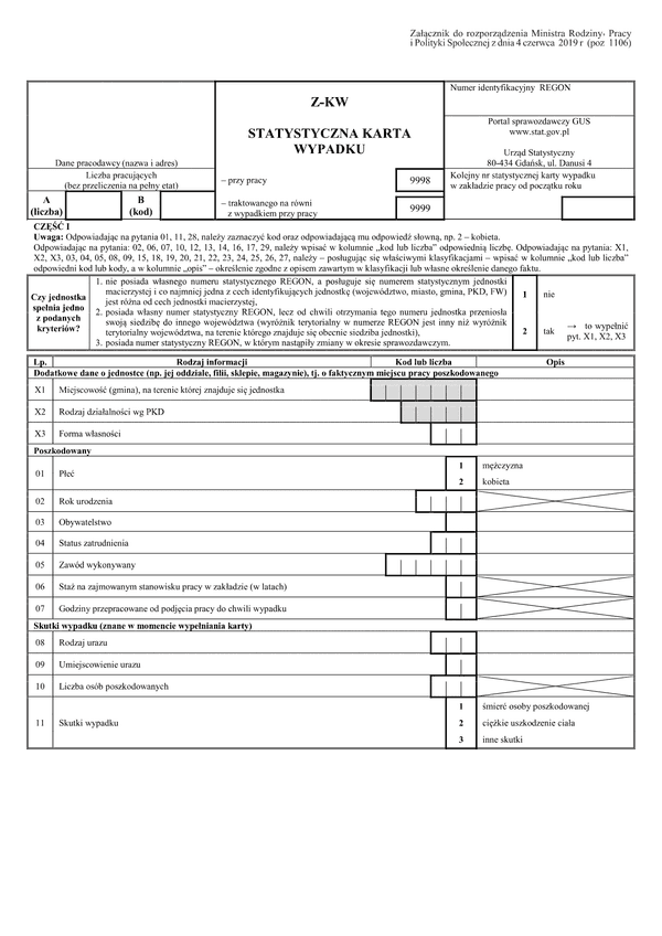 GUS Z-KW (archiwalny) Statystyczna karta wypadku