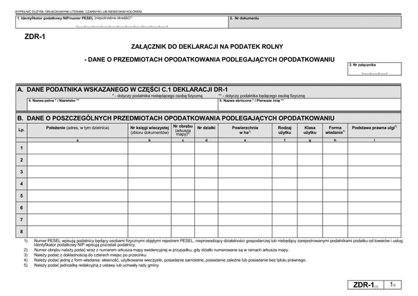 ZDR-1 (1) Załącznik do deklaracji na podatek rolny - dane o przedmiotach opodatkowania podlegających opodatkowaniu