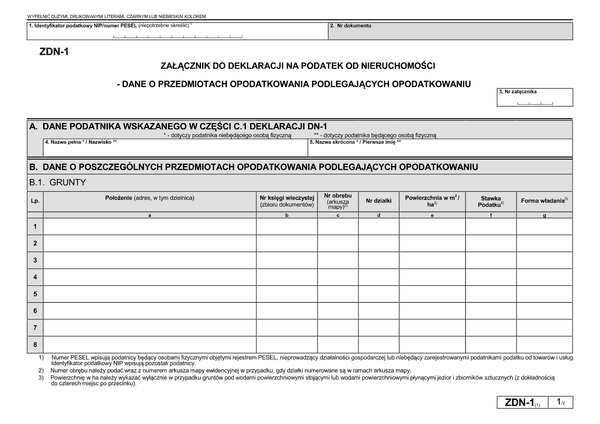 ZDN-1 (1) Załącznik do deklaracji na podatek od nieruchomości - dane o przedmiotach opodatkowania podlegających opodatkowaniu