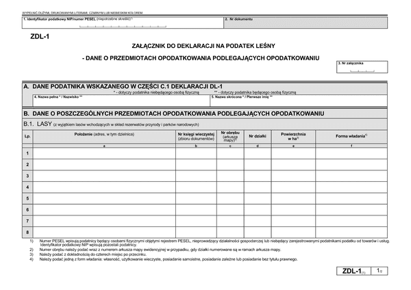ZDL-1 (1) Załącznik do deklaracji na podatek leśny - dane o przedmiotach opodatkowania podlegających opodatkowaniu