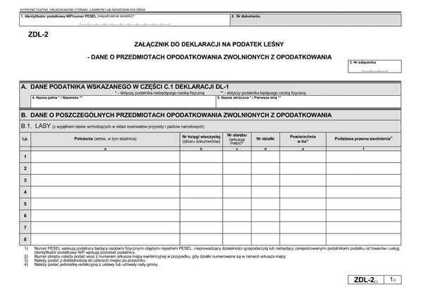 ZDL-2 (1) Załącznik do deklaracji na podatek leśny - dane o przedmiotach opodatkowania zwolnionych z opodatkowania