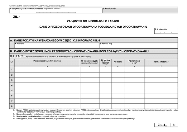 ZIL-1 (1) Załącznik do informacji o lasach - dane o przedmiotach opodatkowania podlegających opodatkowaniu