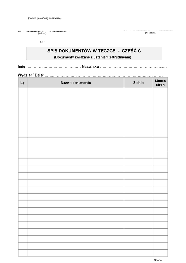 SDT-C Spis dokumentów w teczce część C - dokumenty związane z ustaniem zatrudnienia