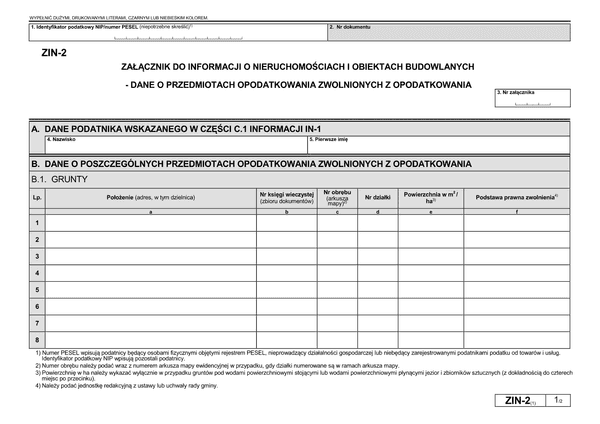 ZIN-2 (1) Załącznik do informacji o nieruchomościach i obiektach budowlanych - dane o przedmiotach opodatkowania zwolnionych z opodatkowania