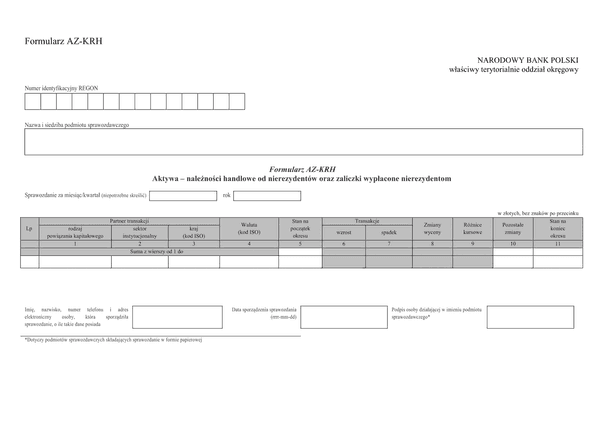 AZ-KRH Aktywa - należności handlowe od nierezydentów oraz zaliczki niewypłacone nierezydentom