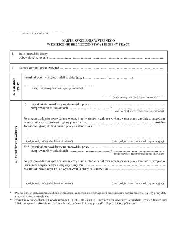 KSW-BHP Karta szkolenia wstępnego w dziedzinie bezpieczeństwa i higieny pracy
