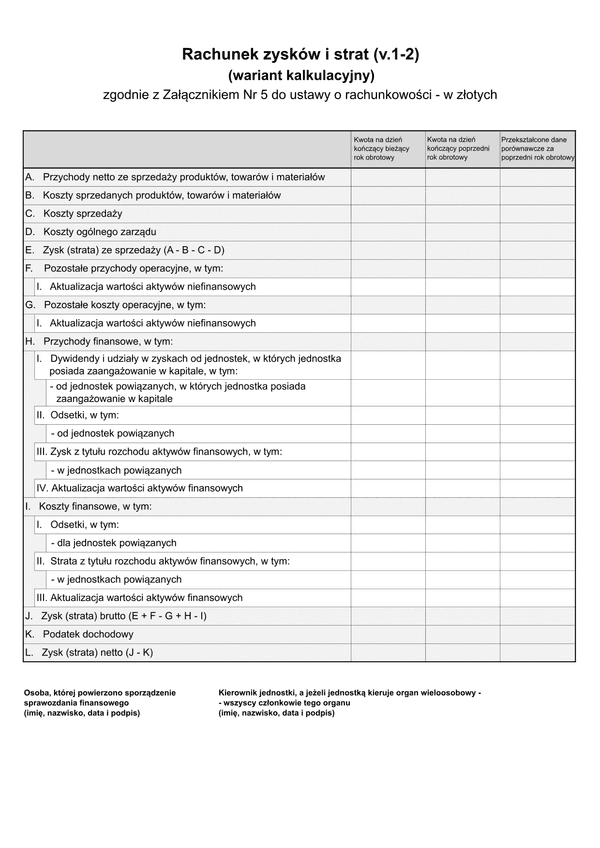 SFJMAZ RZiS-WK (v.1-2) Rachunek zysków i strat (wariant kalkulacyjny) -  zgodnie z Załącznikiem Nr 5 do ustawy o rachunkowości (jednostka mała) w złotych - z wysyłką pliku xml JPK_SF 