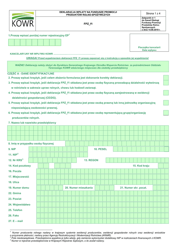ARR FPZ_f1 3.0 (archiwalny) Deklaracja wpłaty na fundusze promocji produktów rolno-spożywczych