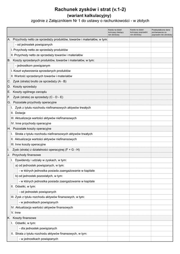 SFJINZ RZiS-WK (v.1-2) Rachunek zysków i strat (wariant kalkulacyjny) - zgodnie z Załącznikiem Nr 1 do ustawy o rachunkowości (jednostka inna) w złotych - z wysyłką pliku xml JPK_SF 