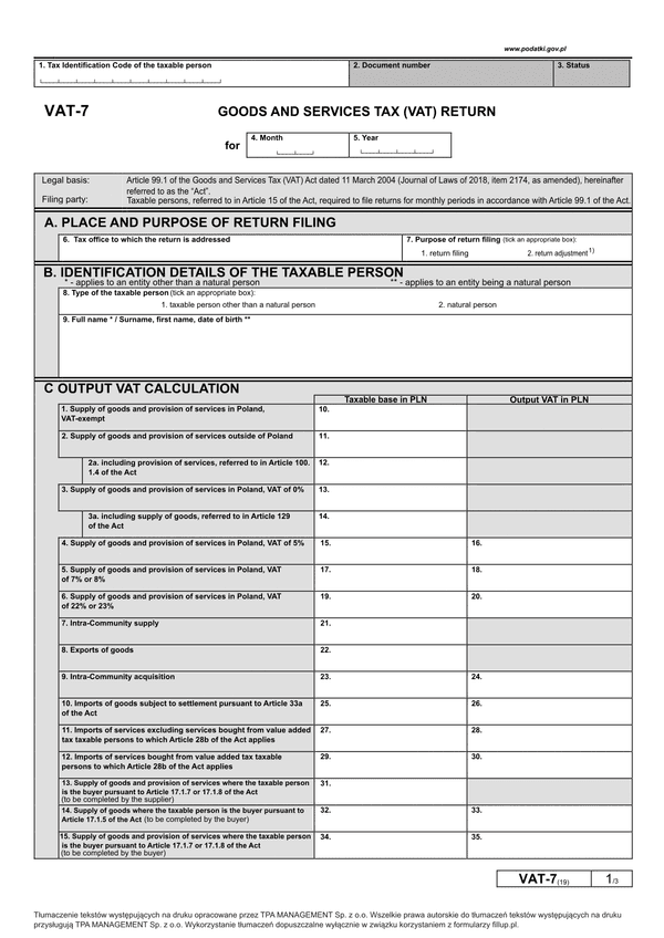 VAT-7 (19) - w. ang. (archiwalny) (2019) GOODS AND SERVICES TAX (VAT) RETURN