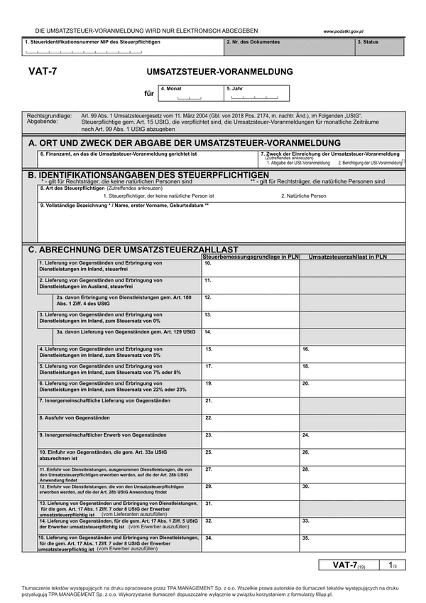 VAT-7 (19) - w. niem. (archiwalny) (2019) UMSATZSTEUER-VORANMELDUNG