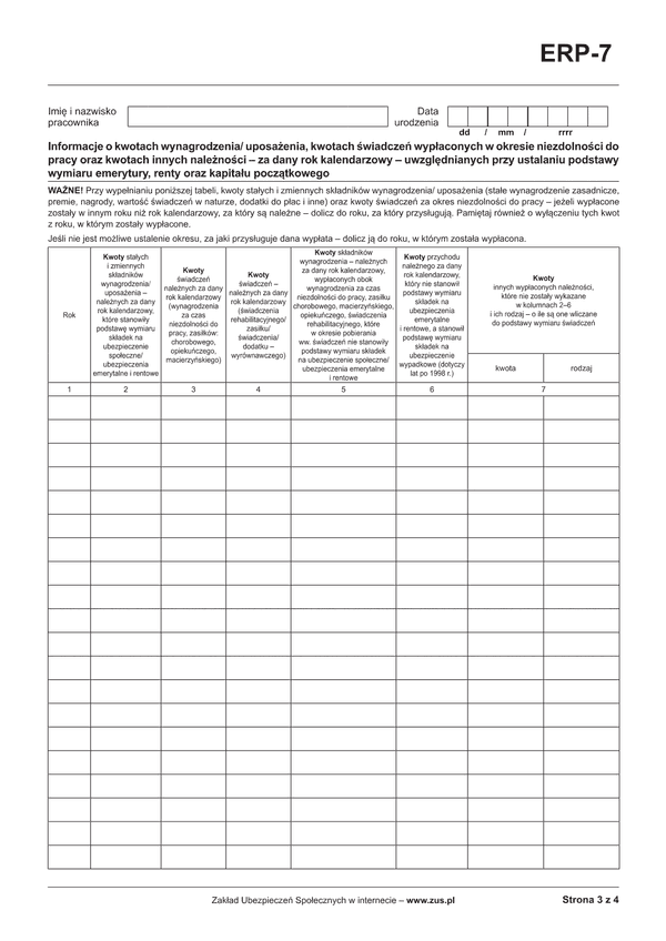 ZUS ERP-7 Inf (archiwalny) Informacja do zaświadczenia o zatrudnieniu i wynagrodzeniu