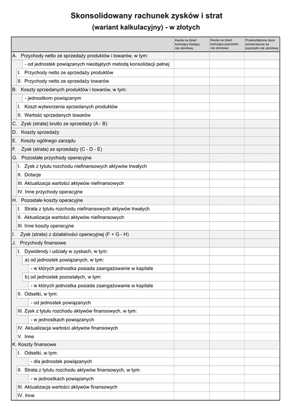 SFJGKZ RZiS-WK (v.1-2) (v.1-3) Skonsolidowany rachunek zysków i strat (wariant kalkulacyjny) do sprawozdania finansowego dla grup kapitałowych w złotych - z wysyłką pliku xml JPK_SF 