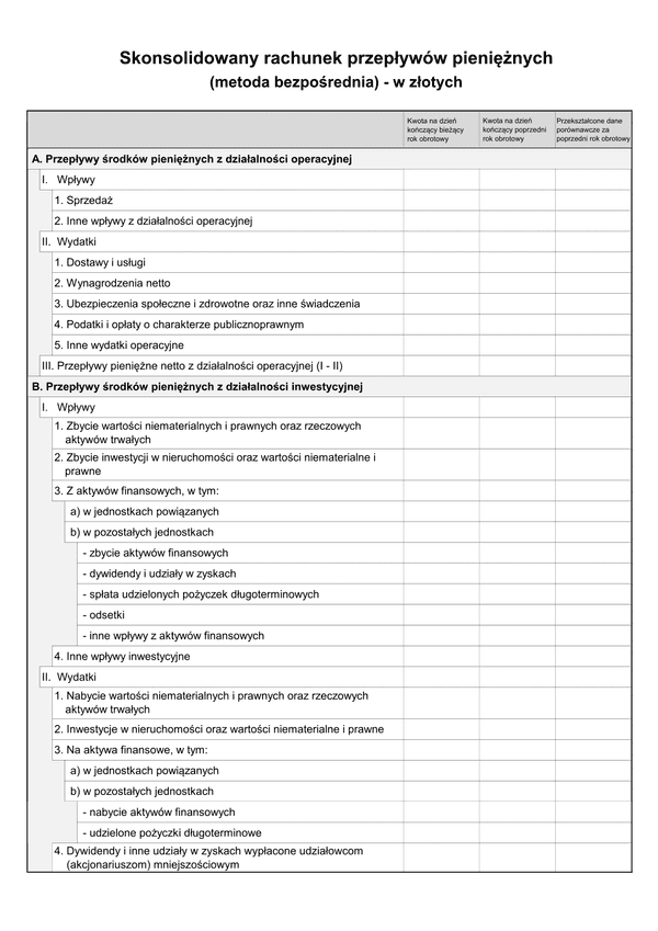 SFJGKZ Rach-Pb (v.1-2) (v.1-3) Skonsolidowany rachunek przepływów pieniężnych (metoda bezpośrednia) do sprawozdania finansowego grup kapitałowych w złotych - z wysyłką pliku xml JPK_SF 