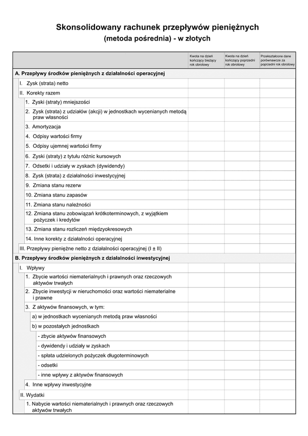 SFJGKZ Rach-Pp (v.1-2) (v.1-3) Skonsolidowany rachunek przepływów pieniężnych (metoda pośrednia) do sprawozdania finansowego grup kapitałowych w złotych - z wysyłką pliku xml JPK_SF 
