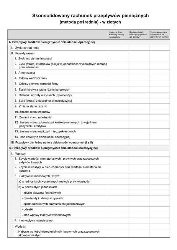 SFJGKZ Rach-Pp (v.1-2) Skonsolidowany rachunek przepływów pieniężnych (metoda pośrednia) do sprawozdania finansowego grup kapitałowych w złotych - z wysyłką pliku xml JPK_SF 