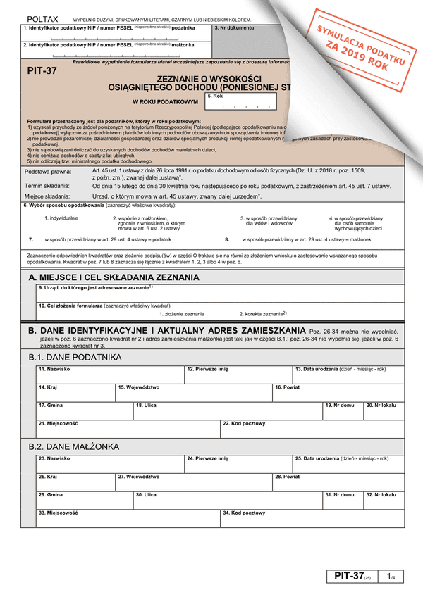 PIT-37 (25) (archiwalny) (2019) Zeznanie o wysokości osiągniętego dochodu (lub poniesionej straty)