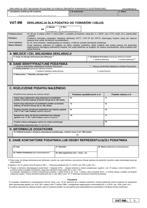 VAT-9M (9) (archiwalny) Deklaracja dla podatku od towarów i usług
