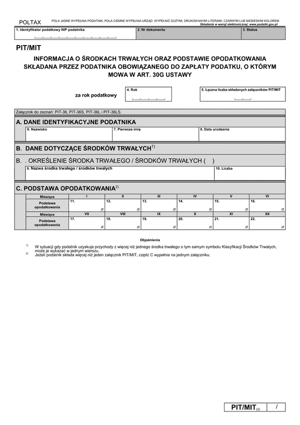 PIT/MIT (2) (2019-2024) Informacja o środkach trwałych oraz przychodach