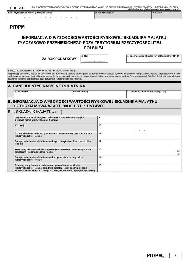 PIT/PM (1) (2019-2024) Informacja o wysokości wartości rynkowej składnika majątku tymczasowo przeniesionego poza terytorium Rzeczypospolitej Polskiej