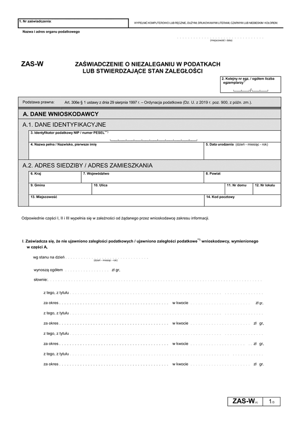 ZAS-W (4) (archiwalny) Zaświadczenie o niezaleganiu w podatkach lub stwierdzające stan zaległości