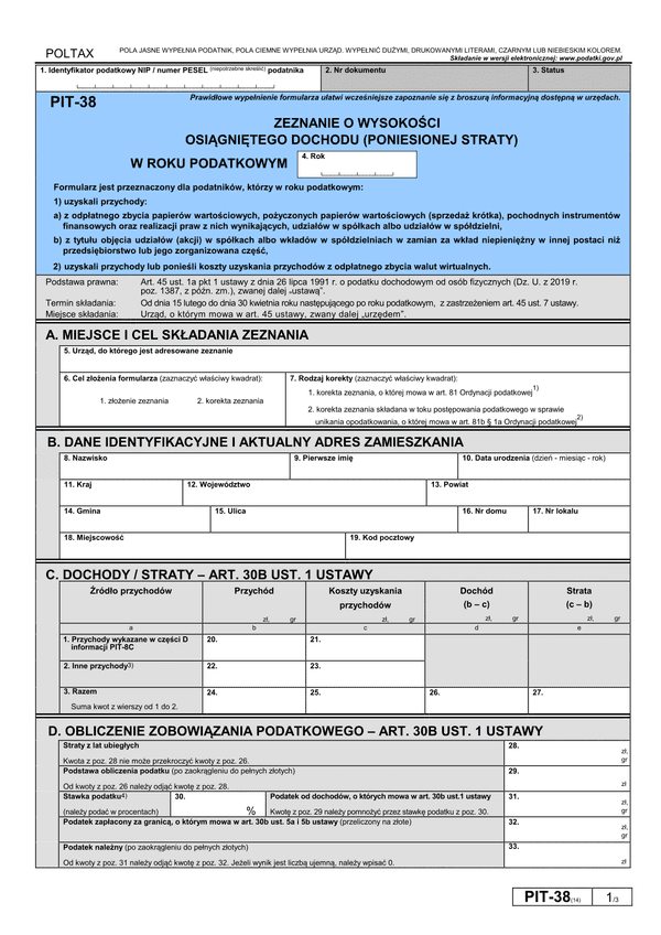 PIT-38 (14) (archiwalny) (2019) Zeznanie o wysokości osiągniętego dochodu (poniesionej straty)