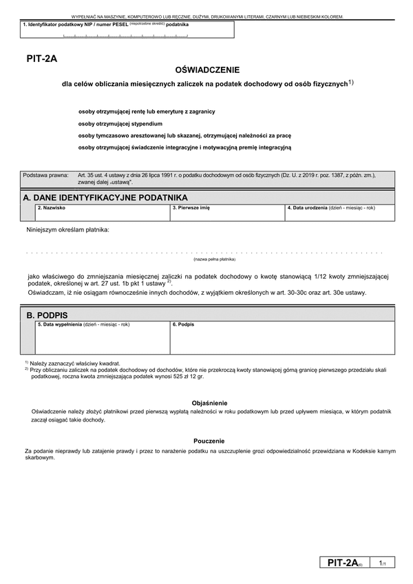 PIT-2A (6) (archiwalny) (2020-2021) Oświadczenie dla celów obliczania miesięcznych zaliczek na podatek dochodowy od osób fizycznych