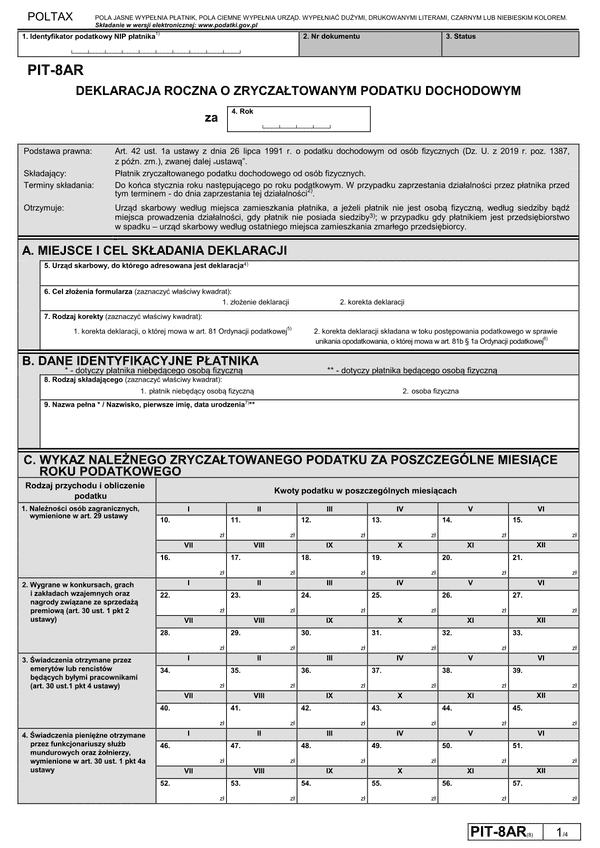 PIT-8AR (8) (archiwalny) (2019-2020) Deklaracja roczna o zryczałtowanym podatku dochodowym