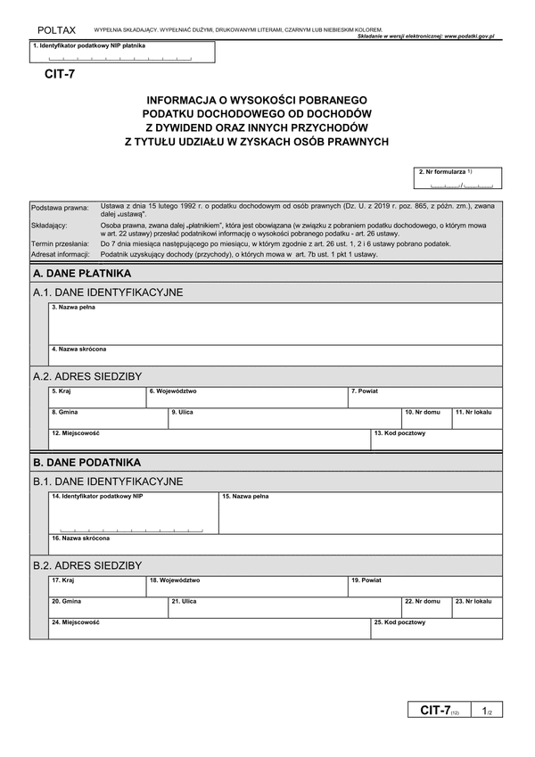 CIT-7 (12) Informacja o wysokości pobranego podatku dochodowego od dochodów z dywidend oraz innych przychodów z tytułu udziału w zyskach osób prawnych